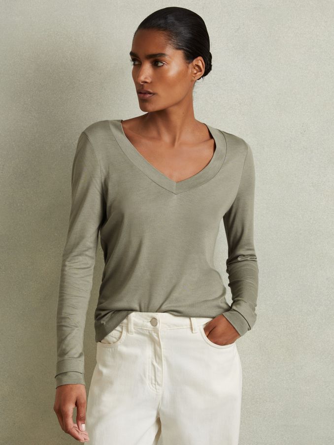 Jersey V-Neck Top in Sage (AA4576) | US$32