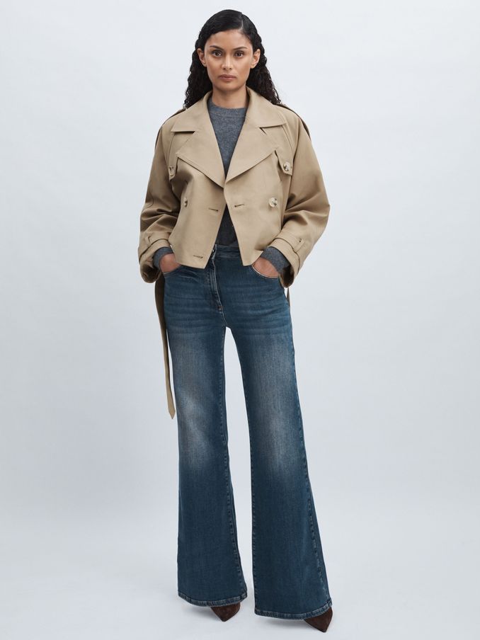Meotine Double-Breasted Cropped Trench Jacket in Beige (AA4969) | US$270