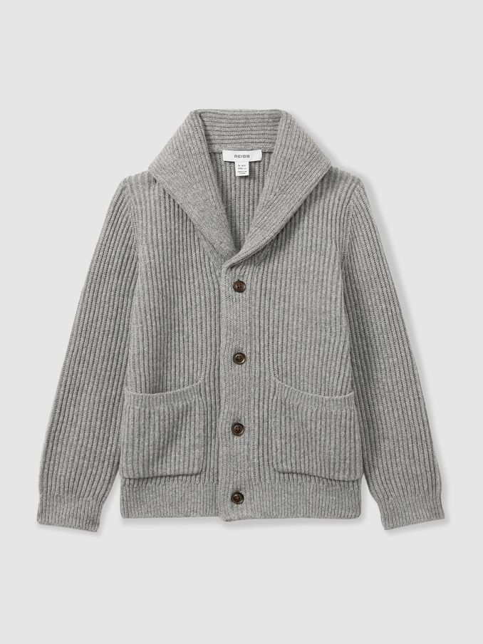 13-14 yrs Ribbed Shawl Cardigan With Merino Wool in Grey Melange (AA4985) | €28