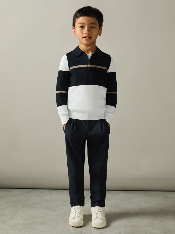 9-13 yrs Colour-Block Half-Zip Polo Shirt in Navy/White/Camel (AA4986) | €60