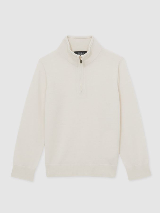 Pullover aus Merinowolle mit halbem Reißverschluss und Trichterkragen in Snow, 13–14 J. (AA4993) | 60 €