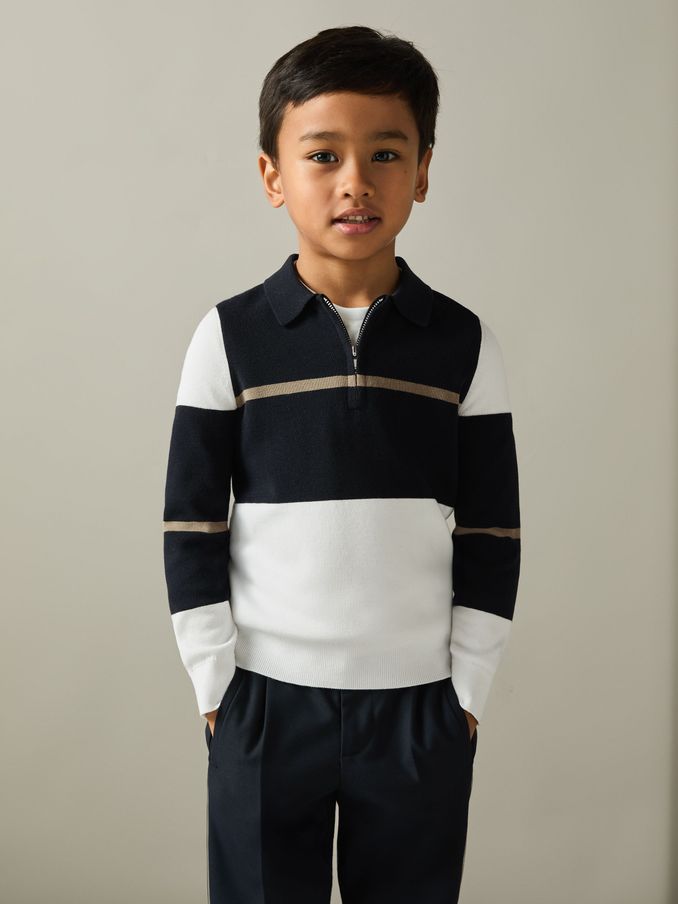 3-9 yrs Colour-Block Half-Zip Polo Shirt in Navy/White/Camel (AA5005) | €55