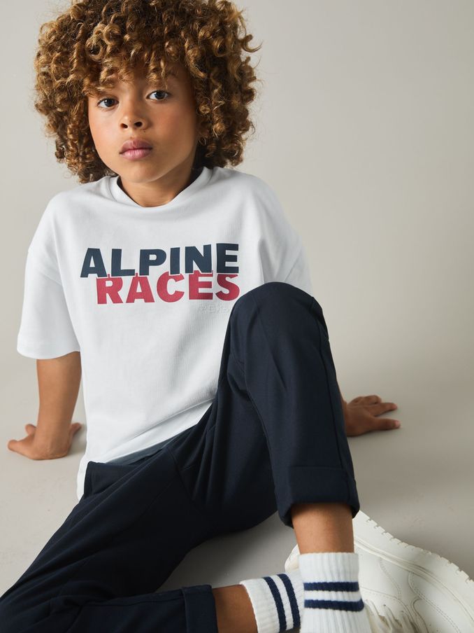 Cotton-Jersey Alpine Races-Print T-Shirt in White/Red/Navy (AA5009) | US$15