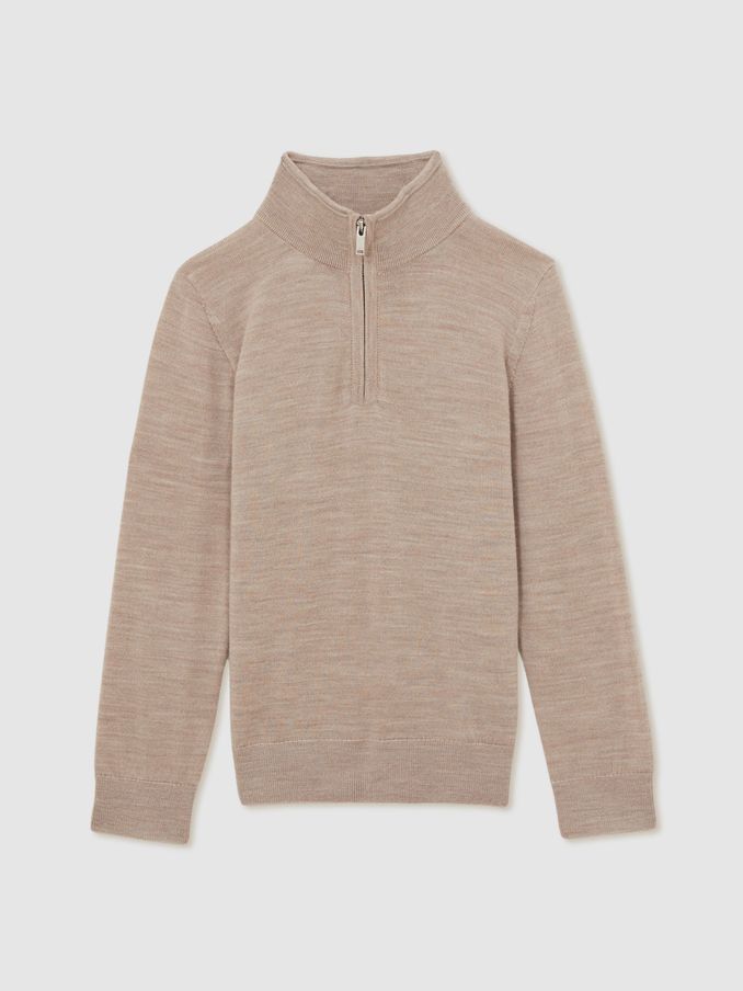 13-14 yrs Merino Wool Half-Zip Funnel Neck Jumper in Wheat Melange (AA5010) | US$70