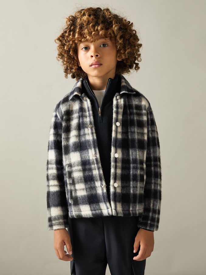 Removable-Hood Brushed Check Overshirt in Navy/White (AA5017) | US$40