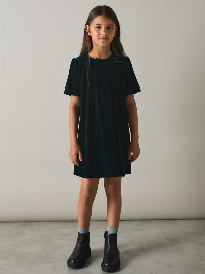 4-9 yrs Gathered-Velvet Shift Dress in Teal (AA6691) | €38