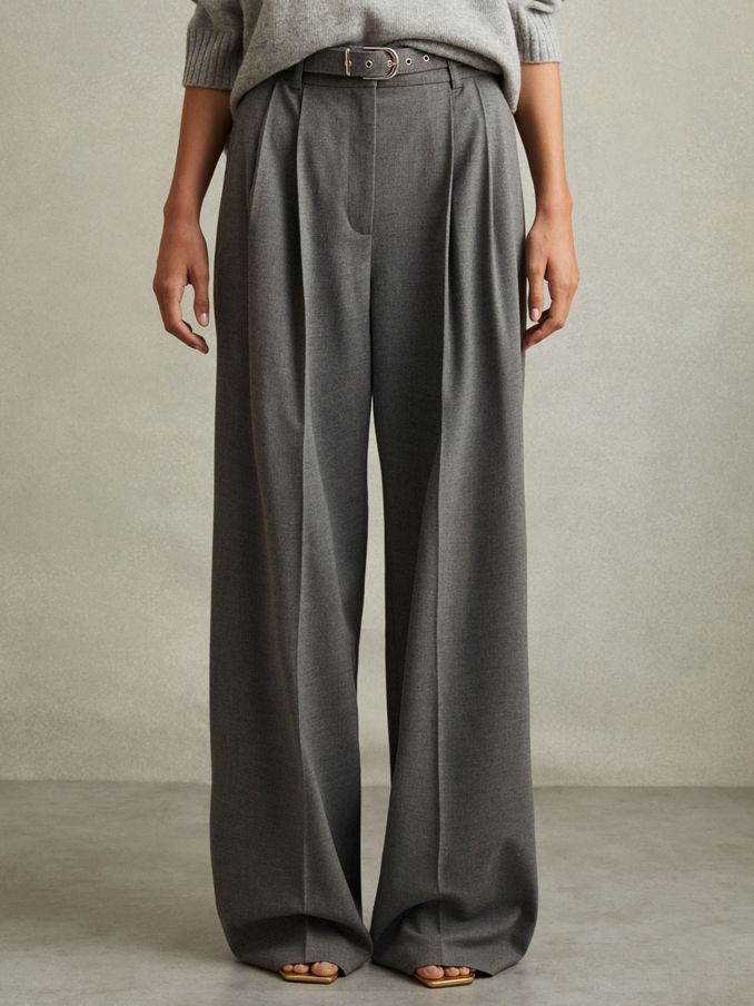 Petite Belted Wide Leg Trousers in Grey (AA6706) | €138