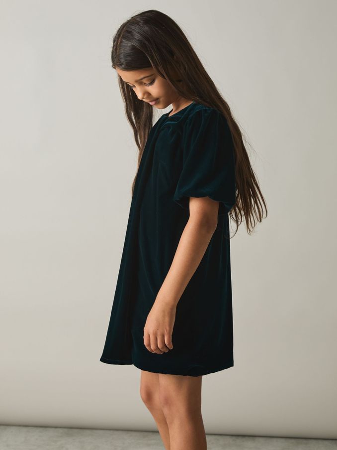 9-13 yrs Gathered-Velvet Shift Dress in Teal (AA6713) | €51