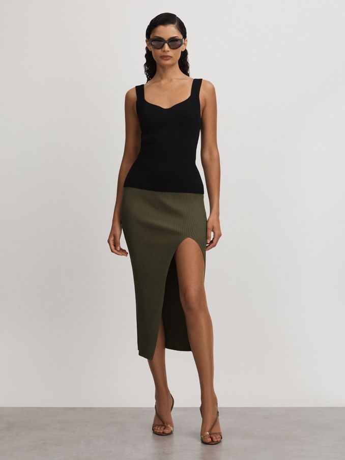 Good American Ribbed Midi Skirt in Black (AA6716) | $201