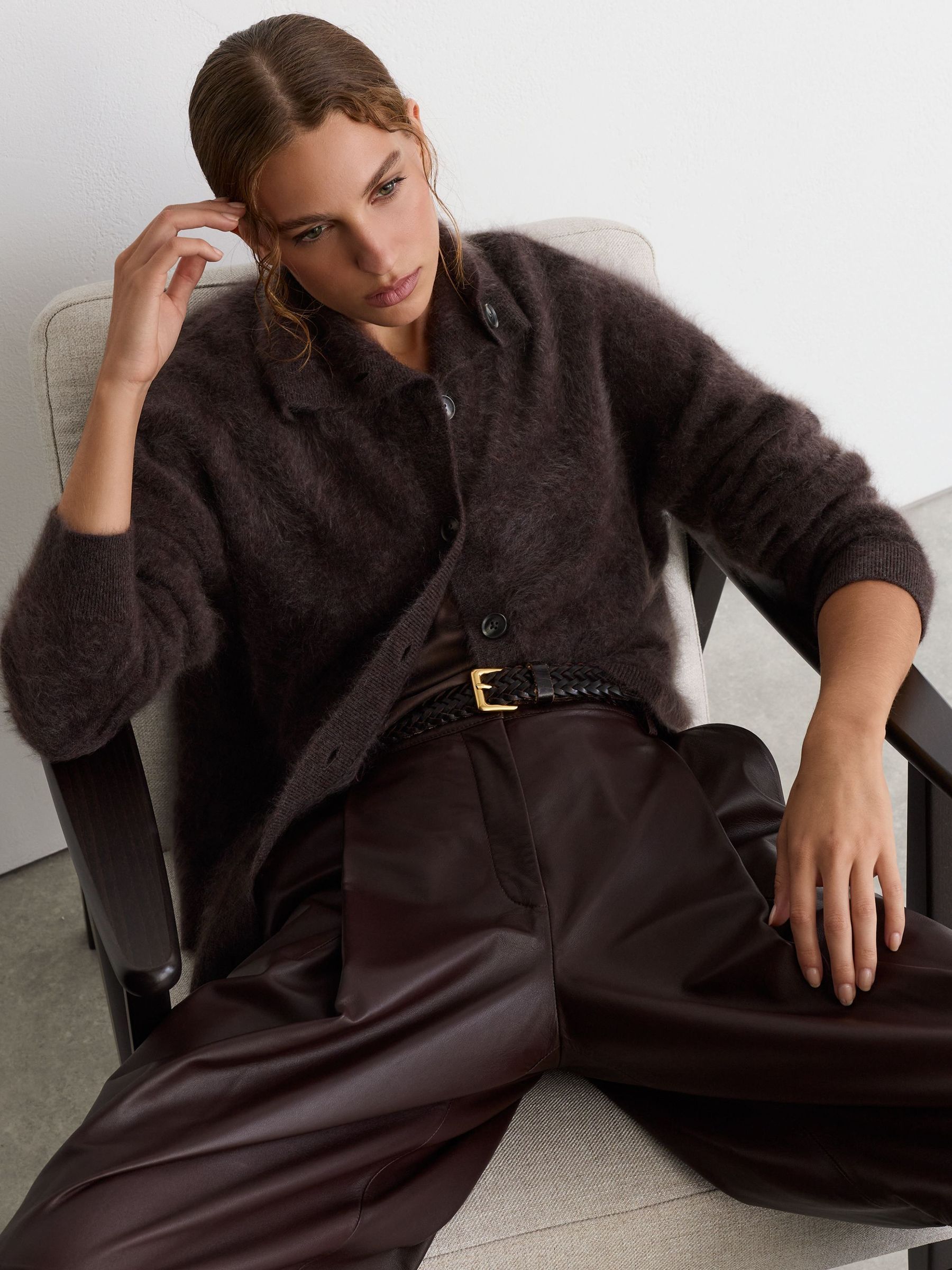 Grape bordeaux - 100% Brushed Cashmere Collared Cardigan