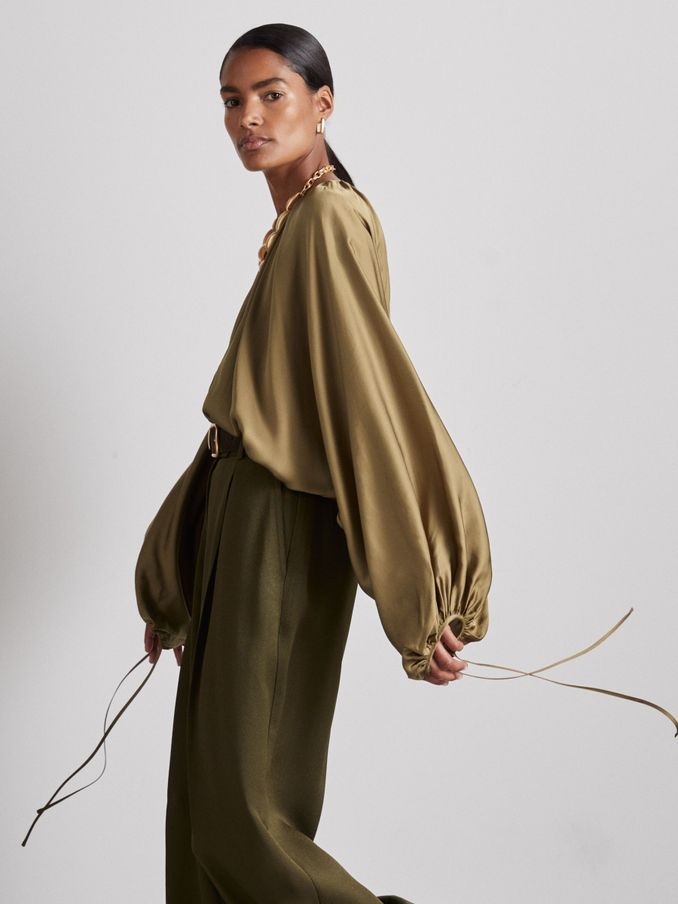 Atelier Gathered-Satin Top in Khaki (AA7957) | US$231