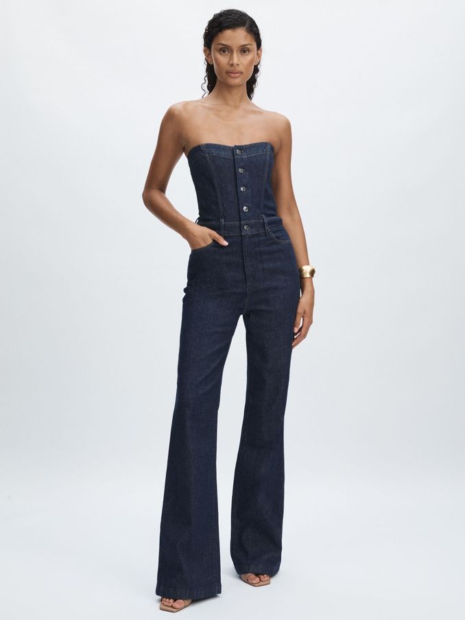 Paige Stretch Cotton Denim Bustier Jumpsuit in Calix Blue (AA7958) | US$303
