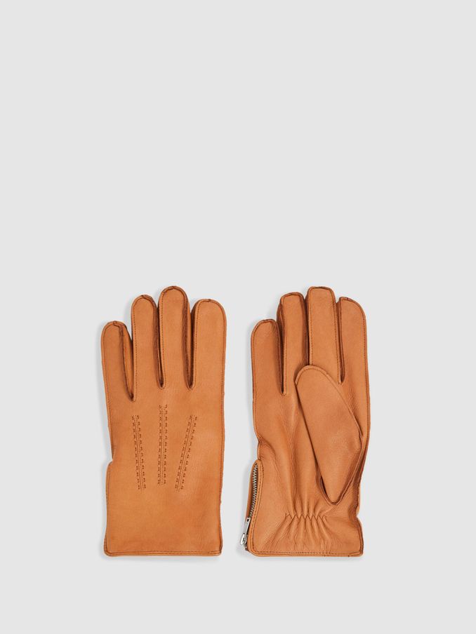 Leather Zip-Side Gloves in Tan (AA8411) | €145