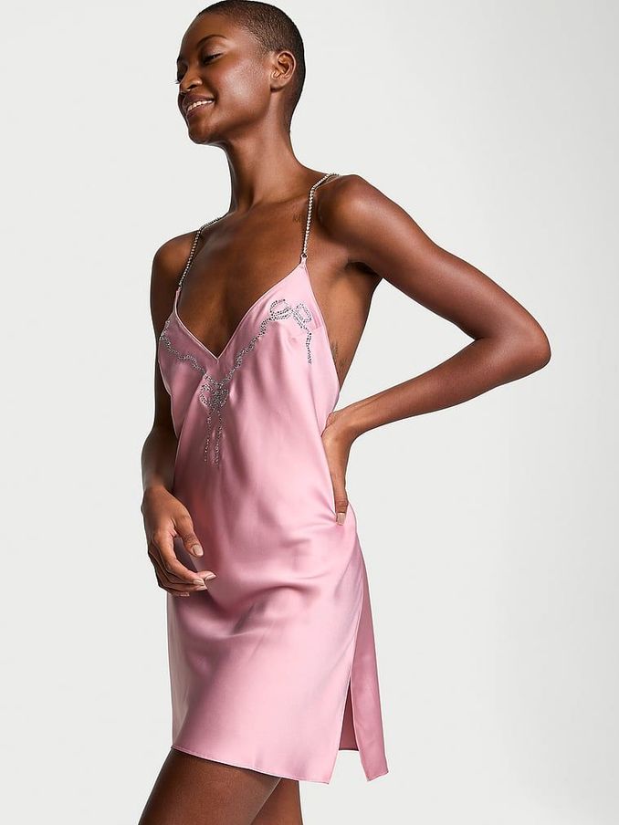 Chalk Rose Shine Twinkle Bows Satin Open Back Slip (AA9515) | €79