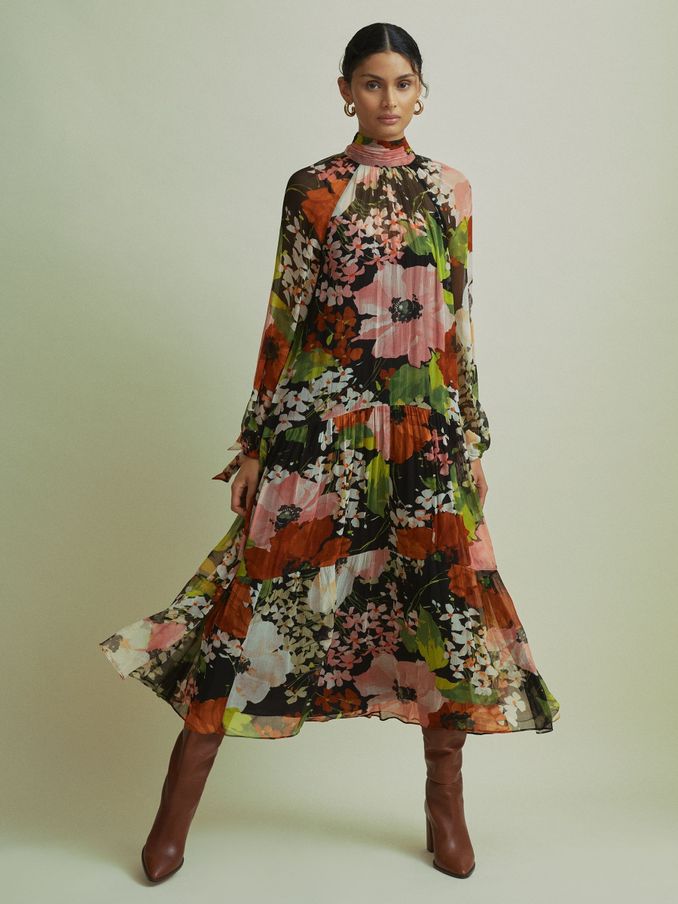 Florere Multi Tiered Tie Neck Midi Dress in Multi (AB1711) | $272