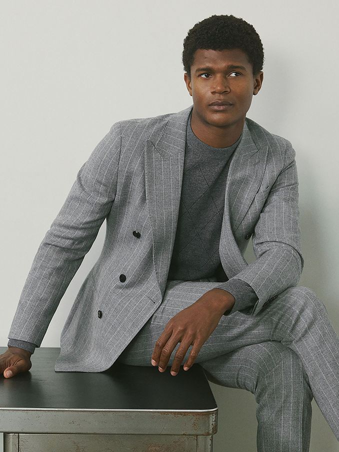 Double-Breasted Blazer in Wool-Blend Pinstripe in Soft Grey (AB1721) | CHF 226