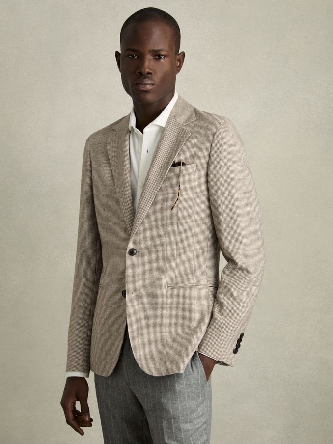 Single-Breasted Blazer with Wool in Puppytooth Check in Taupe/Off White (AB1725) | CHF 213
