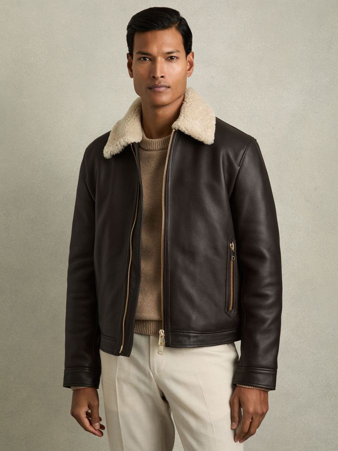 Shearling-Collar Leather Jacket in Dark Brown (AB1748) | €925