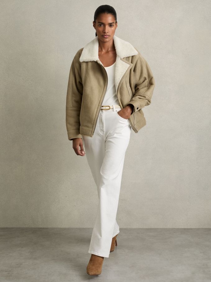 Shearling-Lined Leather Aviator Jacket in Light Green (AB1752) | US$1,155