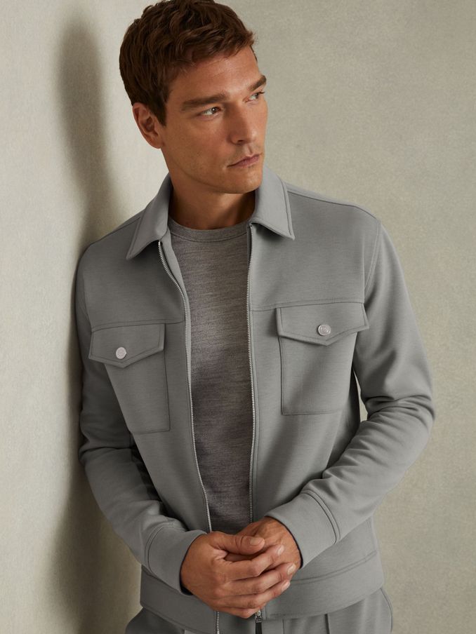 Interlock Jersey Zip-Through Overshirt in Flint Grey (AB1753) | €111