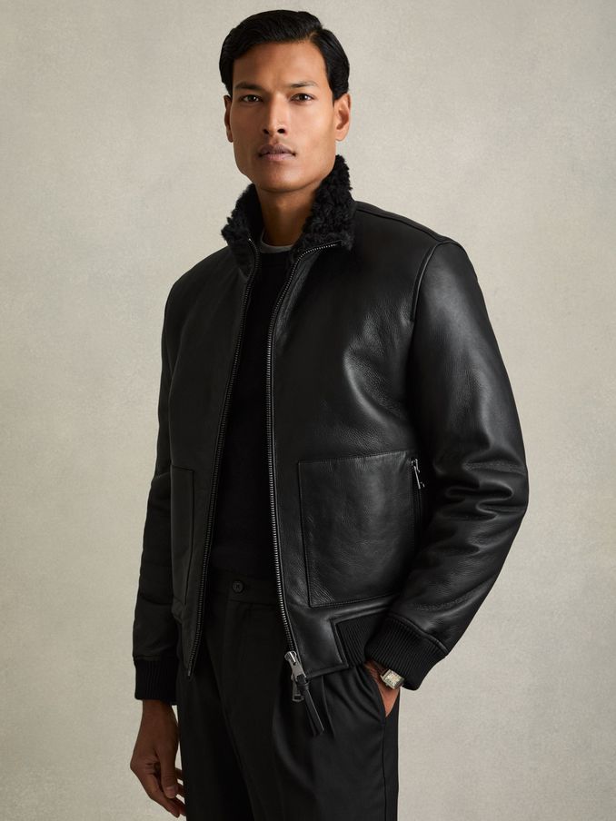 Shearling Lined Leather Jacket in Black (AB1754) | US$1,286