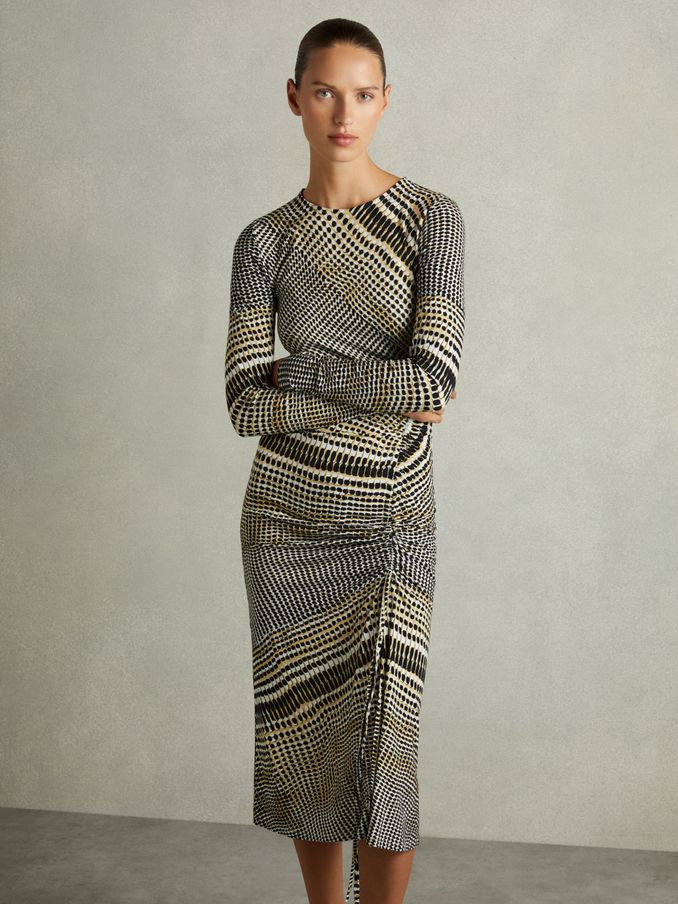 Petite Printed Ruched Midi Dress in Black/Olive (AB1757) | US$77