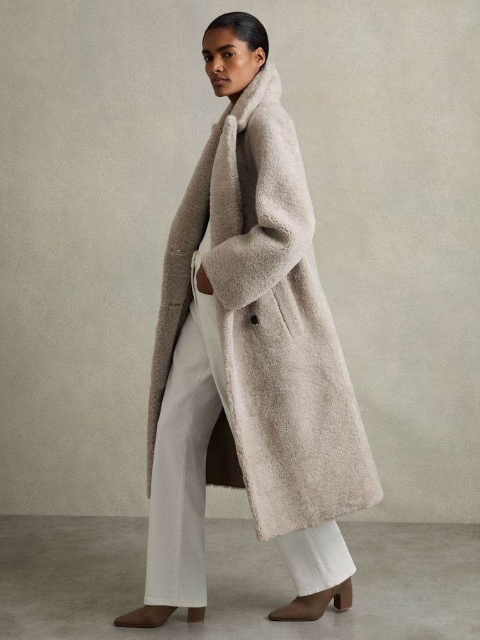 Double Breasted Long Shearling Coat in Neutral (AB1758) | 5,385 SAR