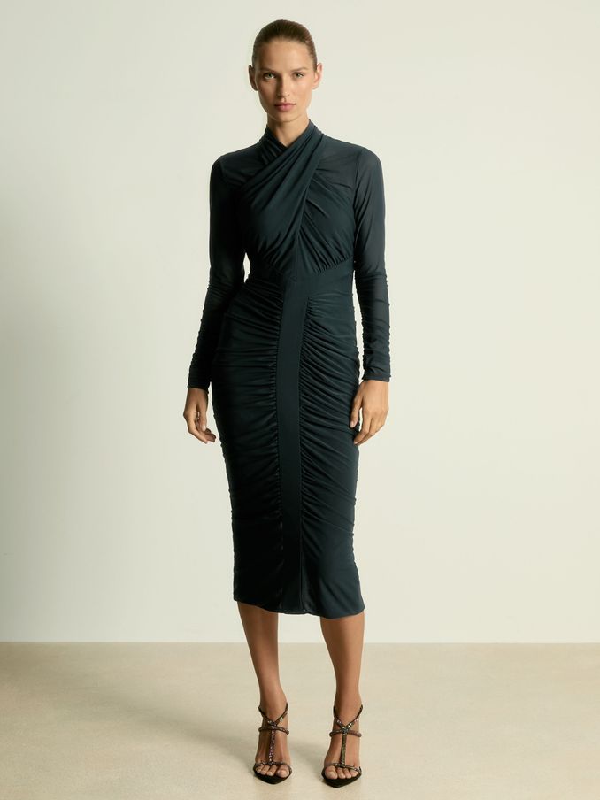 Ruched Bodycon Midi Dress in Teal (AB1770) | US$95
