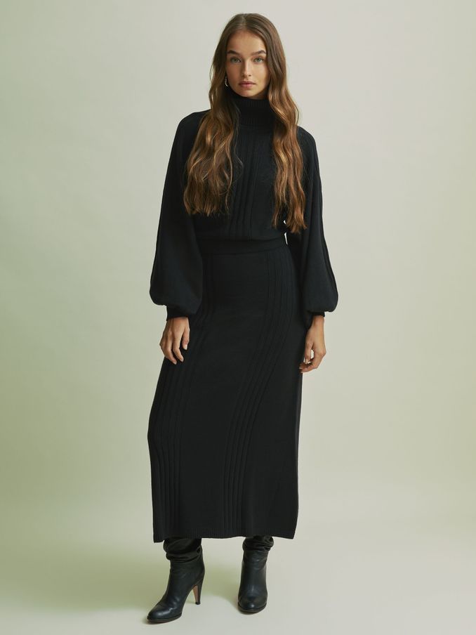 Florere Wool Blend Roll Neck Midi Dress in Black (AB1773) | US$98
