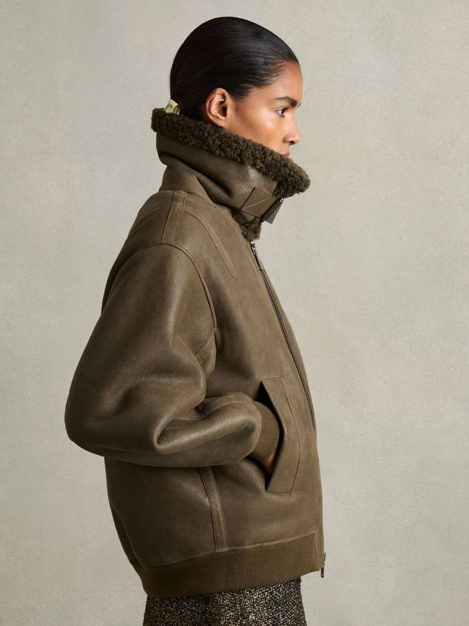 Shearling Aviator Jacket in Dark Khaki (AB1774) | US$1,155