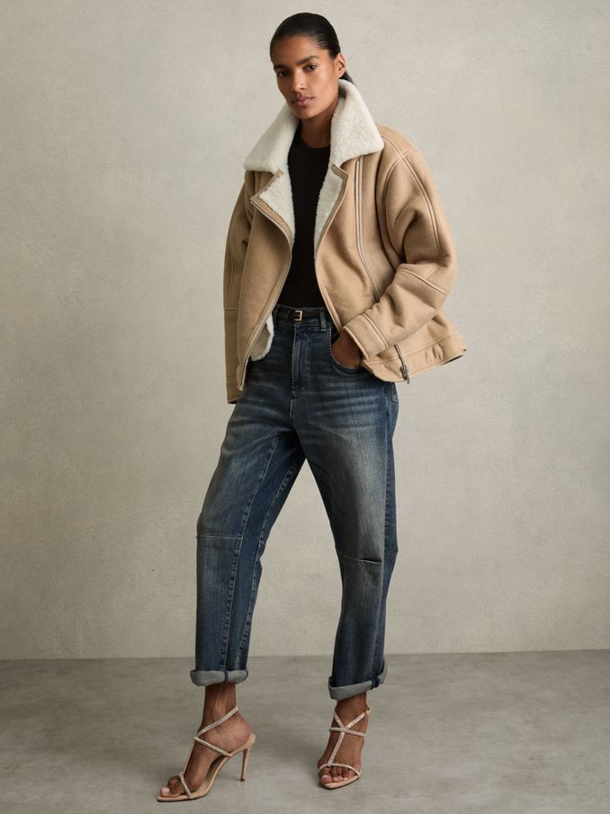 Shearling-Lined Leather Aviator Jacket in Neutral (AB1775) | 3,972 SAR