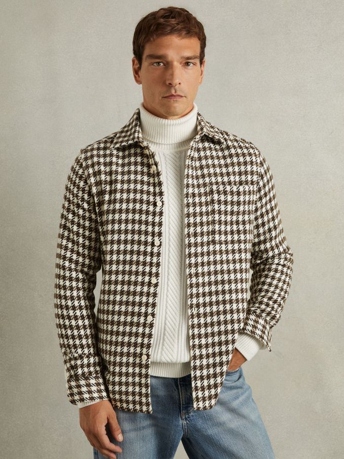 Dogtooth Overshirt with Wool in White/Brown (AB1789) | US$158