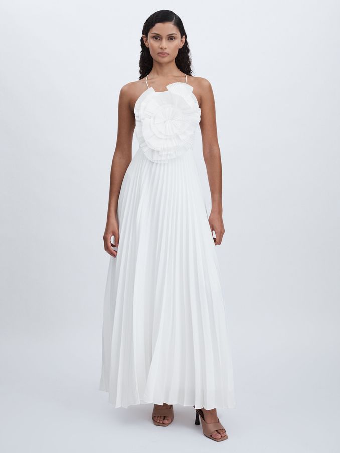 Acler Satin Pleated-Ruffle Maxi Dress in Ivory (AB1798) | US$410
