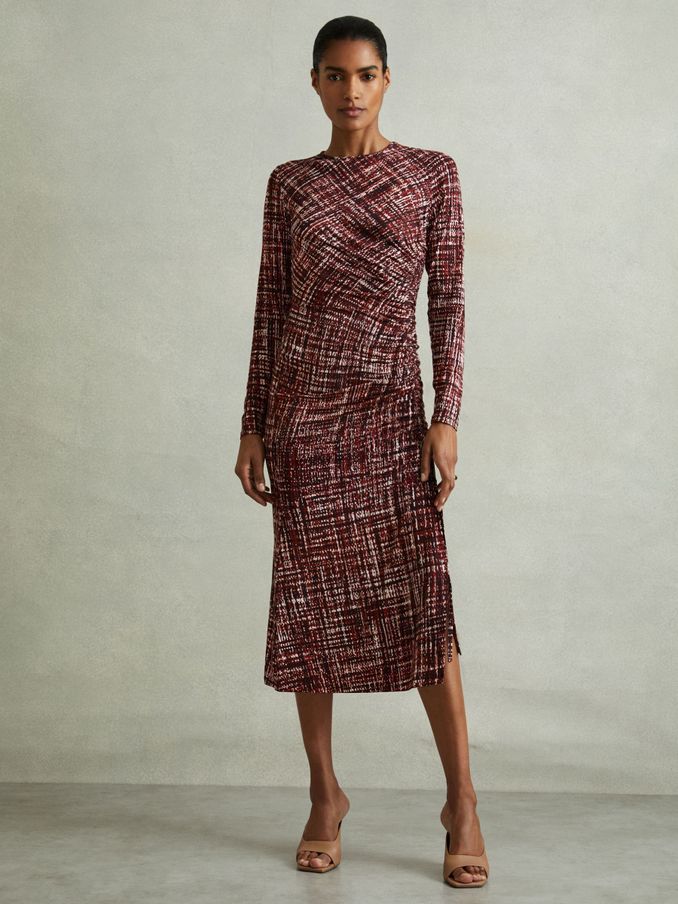 Printed Ruched Midi Dress in Red (AB2010) | CA$90
