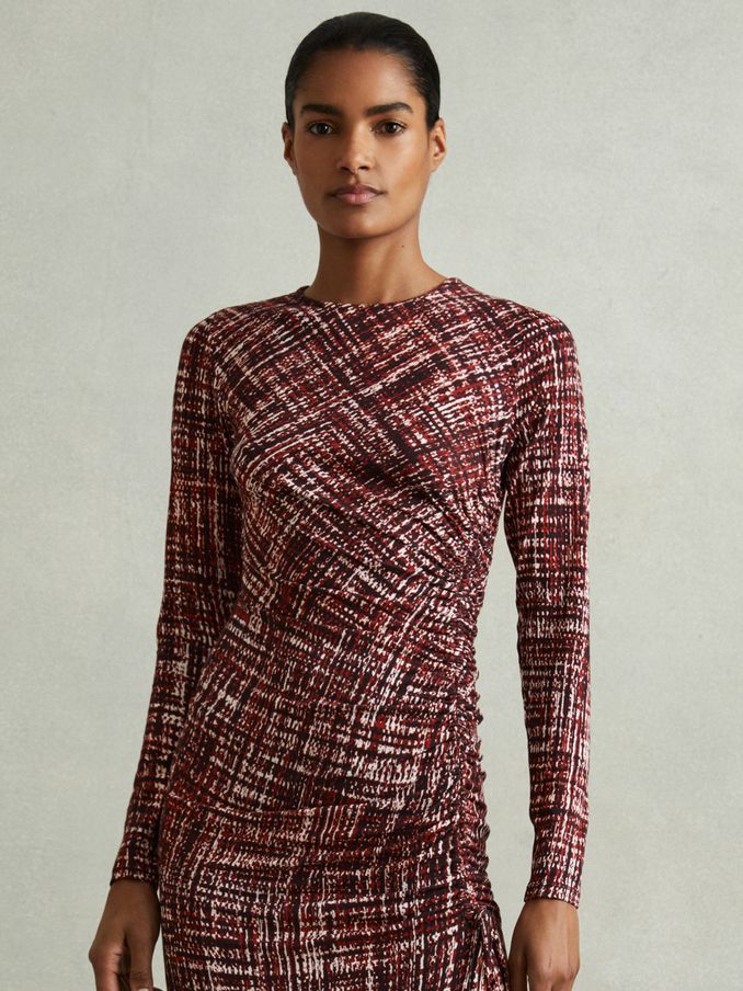 Petite Printed Ruched Midi Dress in Red (AB2014) | US$77