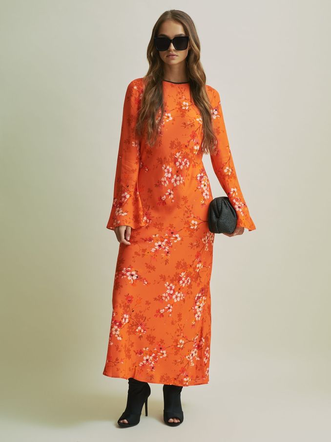 Florere Flute Sleeve Midi Dress in Orange (AB2016) | €129