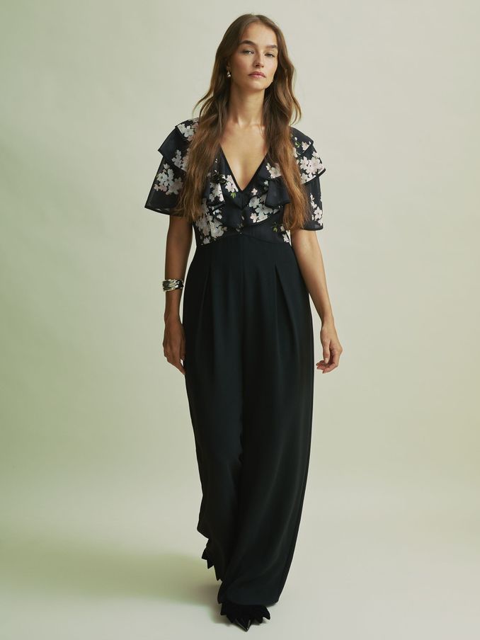 Florere Frill Sleeve Wide Leg Black Jumpsuit in Black (AB2017) | US$114