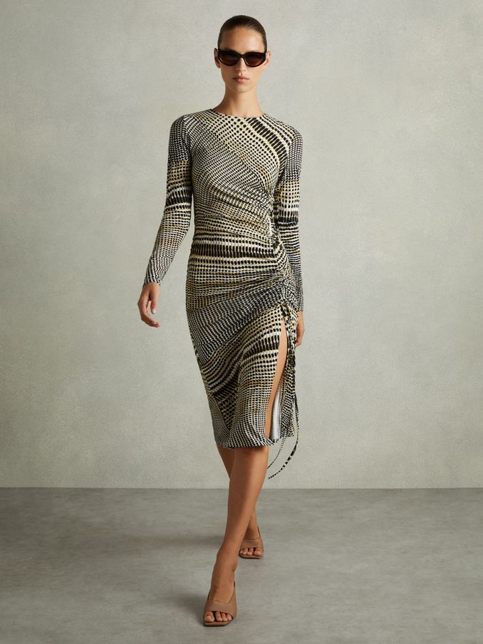 Printed Ruched Midi Dress in Black/Olive (AB2021) | CA$90