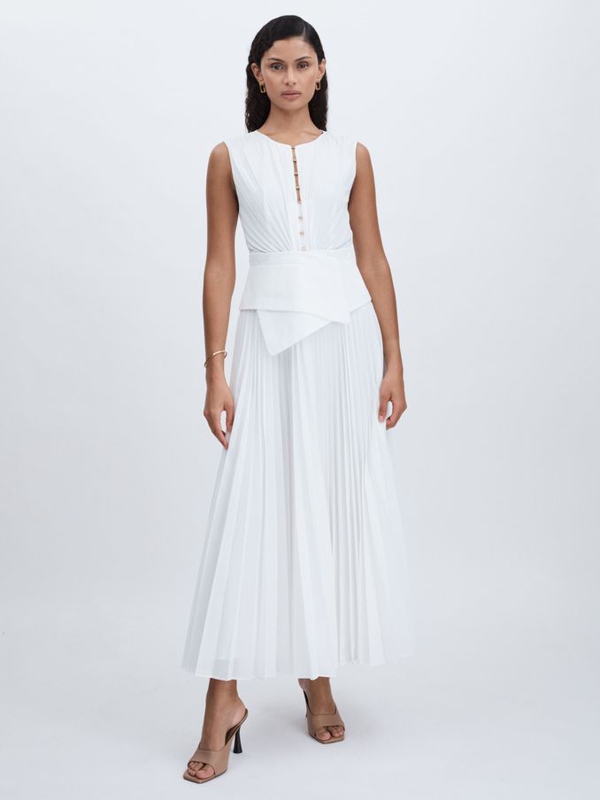 Acler Pleated Waist Panel Midi Dress in Ivory (AB2022) | US$372