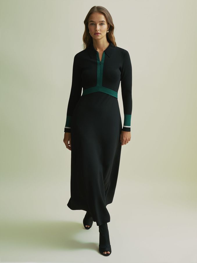 Florere Hybrid Knit Zip-Front Midi Black Dress in Black (AB2028) | €84