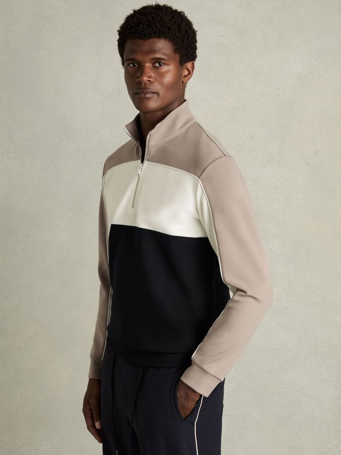 Interlock Colour-Block Half-Zip Sweatshirt in Navy/Taupe (AB2036) | US$127