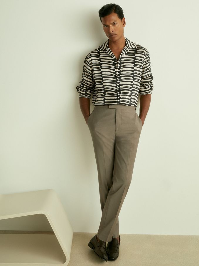 Abstract-Print Twill Cuban-Collar Shirt in Black/White (AB2038) | $210