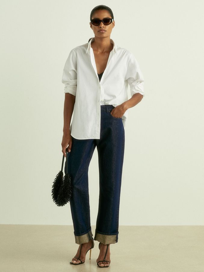 Slim-Leg Metallic-Thread Turn-Up Jeans in Indigo (AB2039) | $157