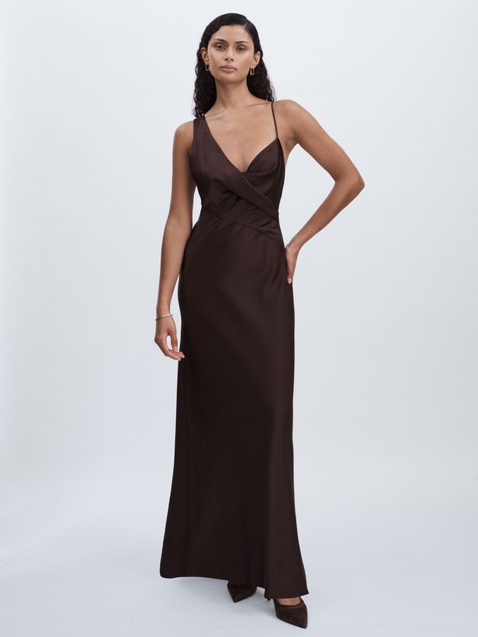 Significant Other Asymmetric Draped Maxi Dress in Chocolate (AB2043) | $193