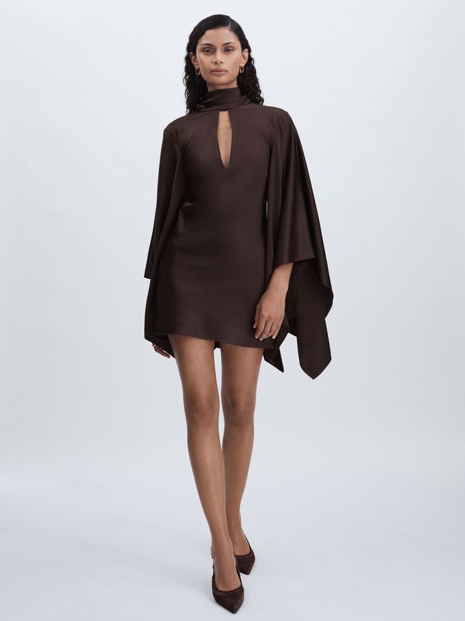 Significant Other Cape-Sleeve Mini Dress in Chocolate (AB2044) | US$200