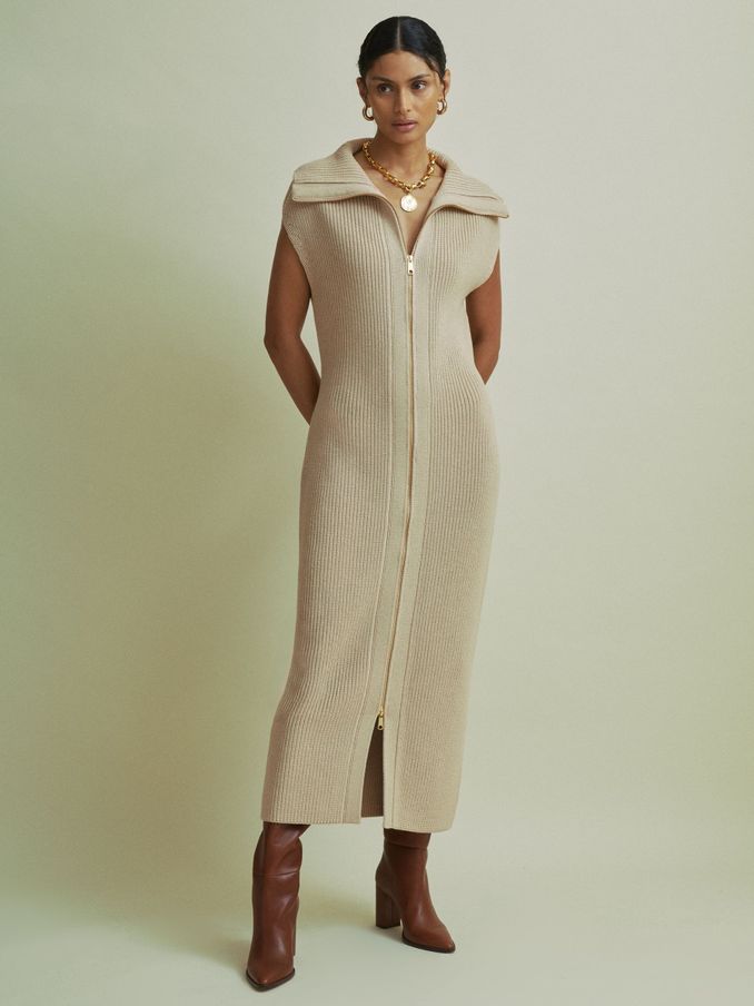 Florere Chunky Wool Blend Midi Sand Dress in Sand (AB2051) | AED330