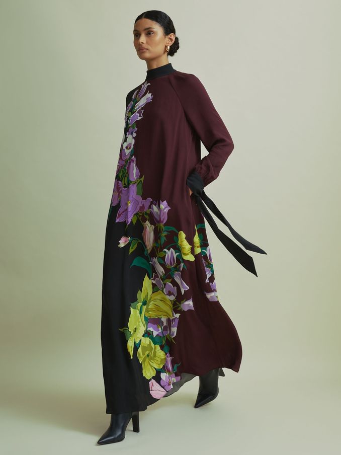 Florere Tie Cuff Maxi Column Dress in Purple/Black (AB2058) | US$141