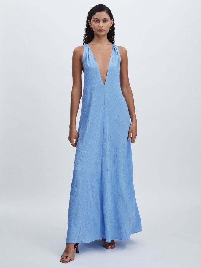 Crinkle-Satin Deep-V Maxi Dress in Periwinkle (AB2059) | €197