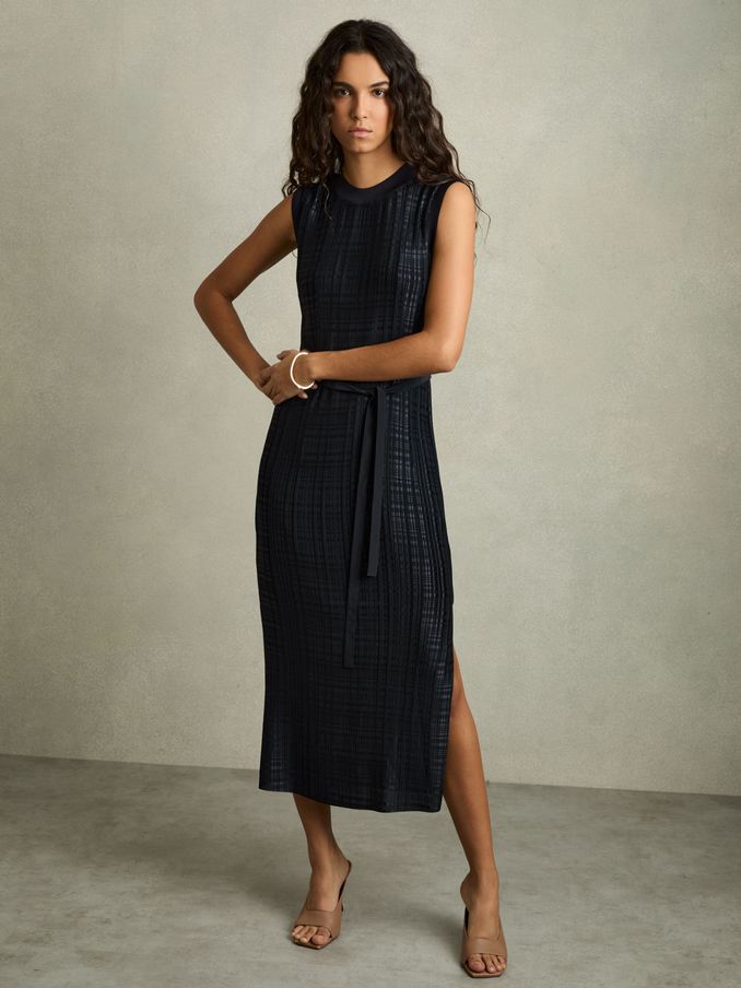 Pleated Column Midi Dress in Navy (AB2060) | 1,125 SAR