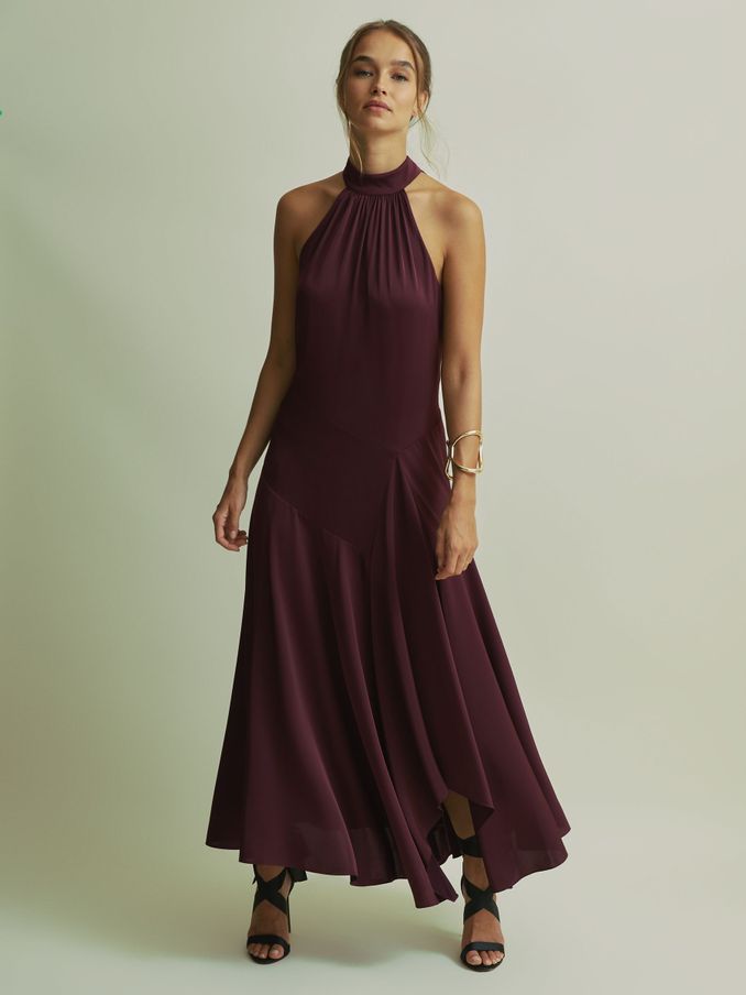 Florere Halter Neck Asymmetric Midi Dress in Burgundy (AB2065) | €84